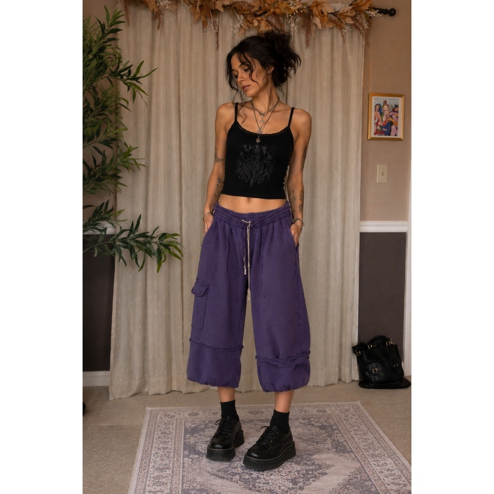 Women Boho Hippie Barrel Leg Drawstring Sweats Grunge Eggplant Large Streetwear